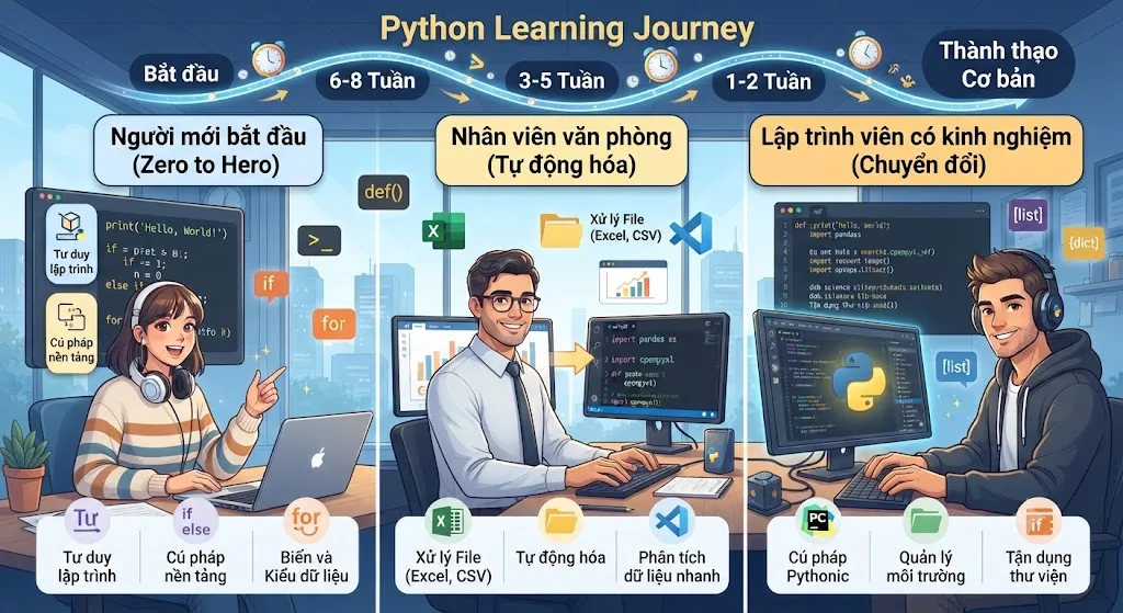 Mất Bao Lâu Để Học Thành Thạo Python Cơ Bản? Lộ Trình Chi Tiết Cho Từng Đối Tượng